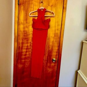 Red long fitted skirt with matching crop top